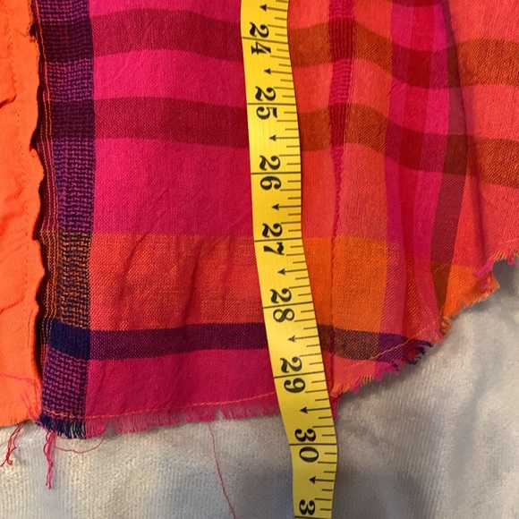 BiBi Vibrant Plaid button down double chest pockets S orange pink linen cotton S - Picture 7 of 7